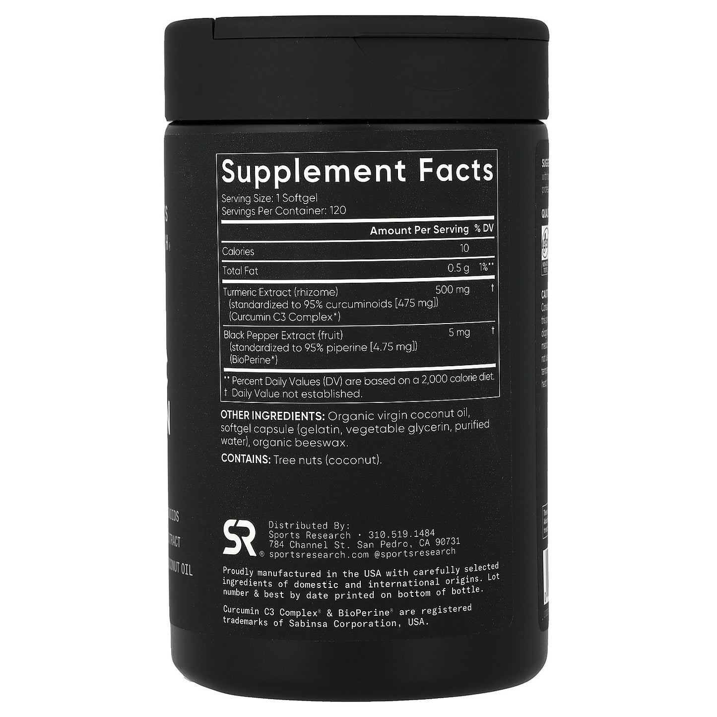 Sports Research Turmeric Curcumin C3 Complex 500 Mg 120 Softgels Dairy-Free,
