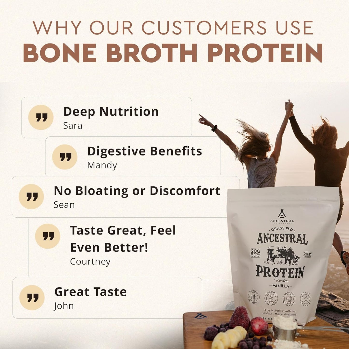 Grass Fed Protein Powder, Vanilla, Beef Bone Broth Based with Beef Organs & Organic Mushrooms, Gut Health Support, High Protein Supplement, 20G Protein per Serving, 30 Day Supply