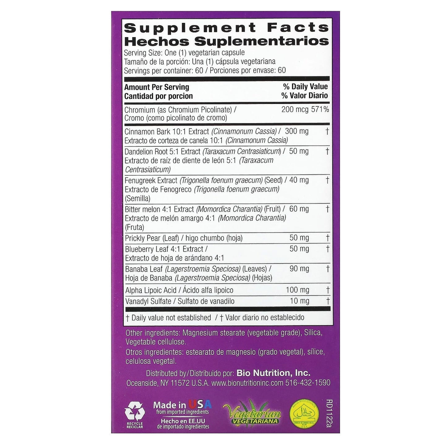 Bio Nutrition - Blood Sugar Wellness - 60 Vegetarian Capsules