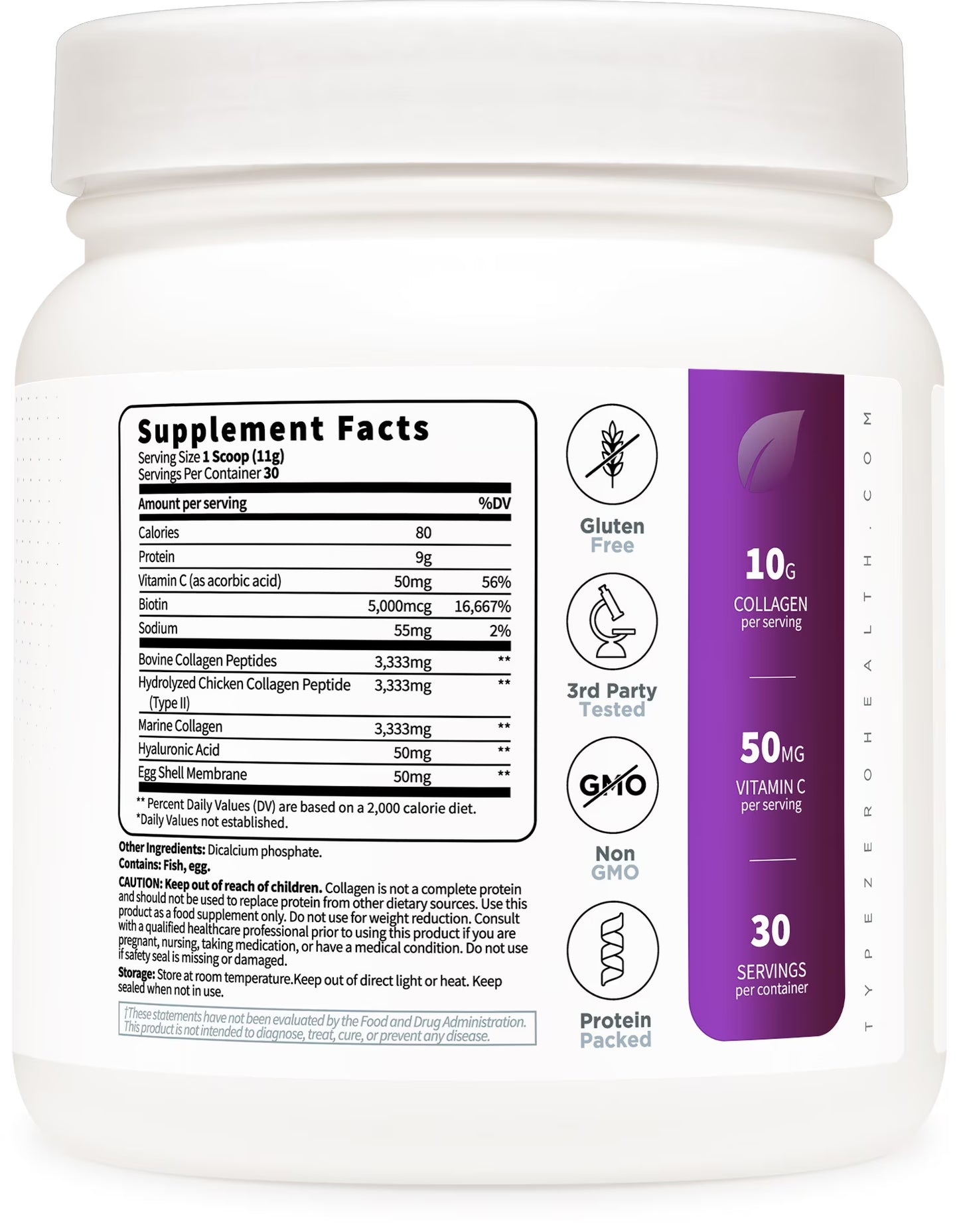 Type Zero Multi Collagen Powder 30 Servings - Types I, II, III, V, & X Collagen Peptides + Hyaluronic Acid, Vit C, Biotin