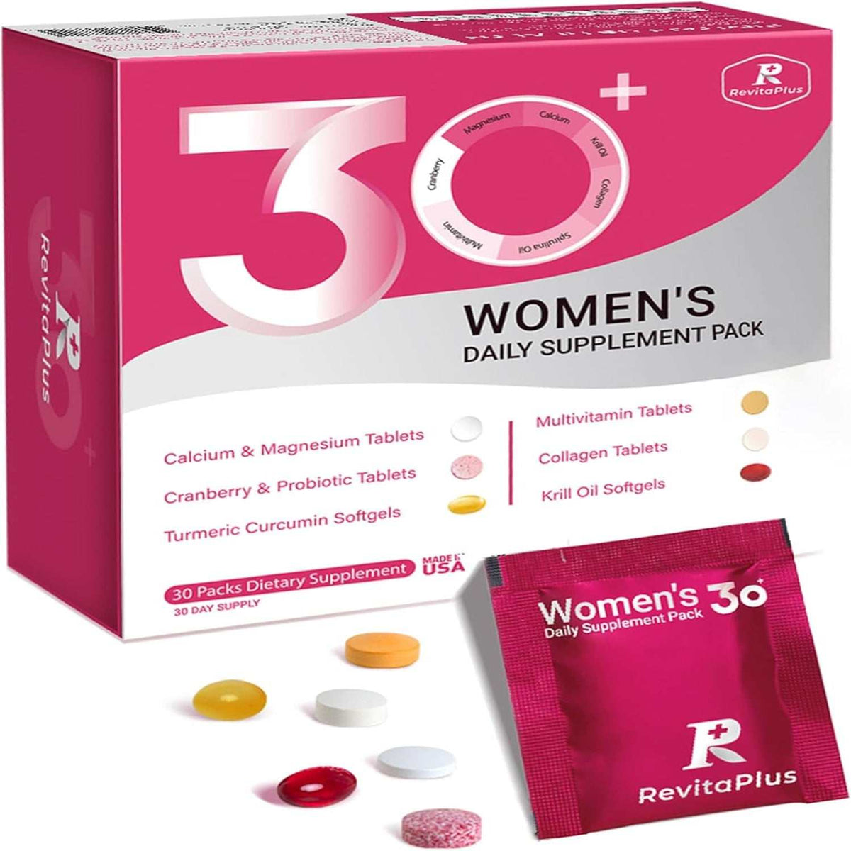 Multivitamin for Women with Vitamin A,B,C,D3,E,K2,Biotin, Collagen,Krill Oil,Cranberries Supports Energy,Wellness,Beauty and Immune - Vitamin Packs for Women Health 30 Packs