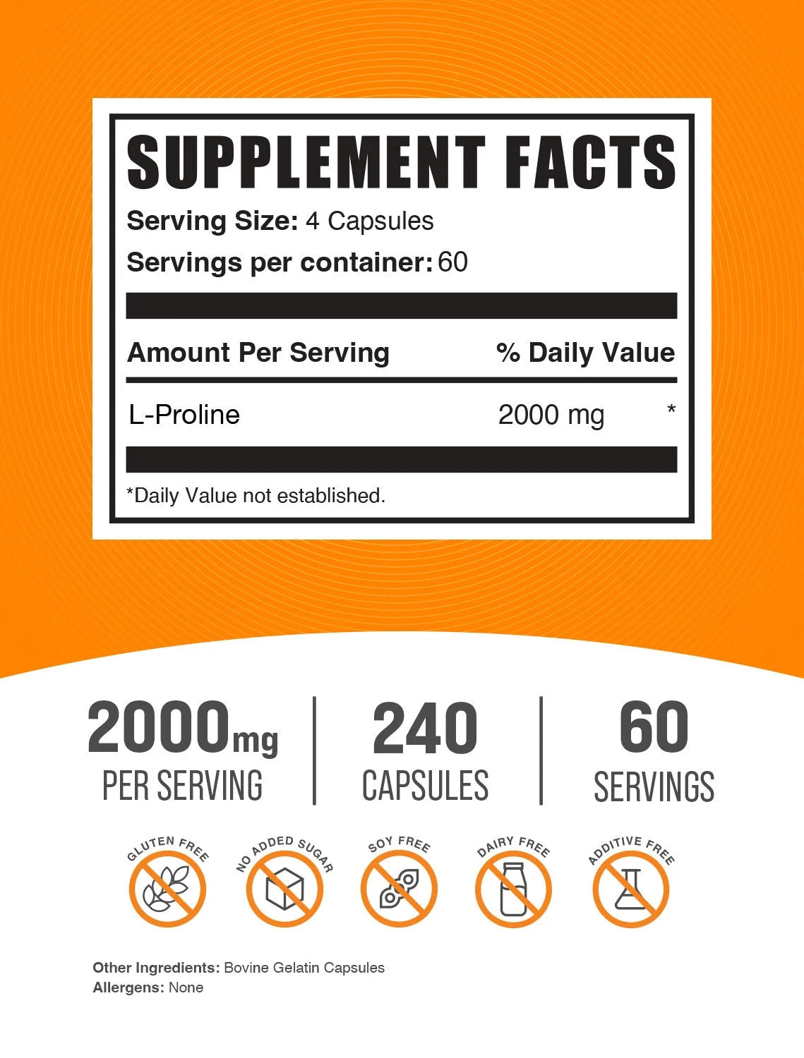 Bulksupplements L-Proline Capsules - Proline Supplement, Amino Acid Supplement - 4 Capsules per Serving (2000Mg), 240 Count