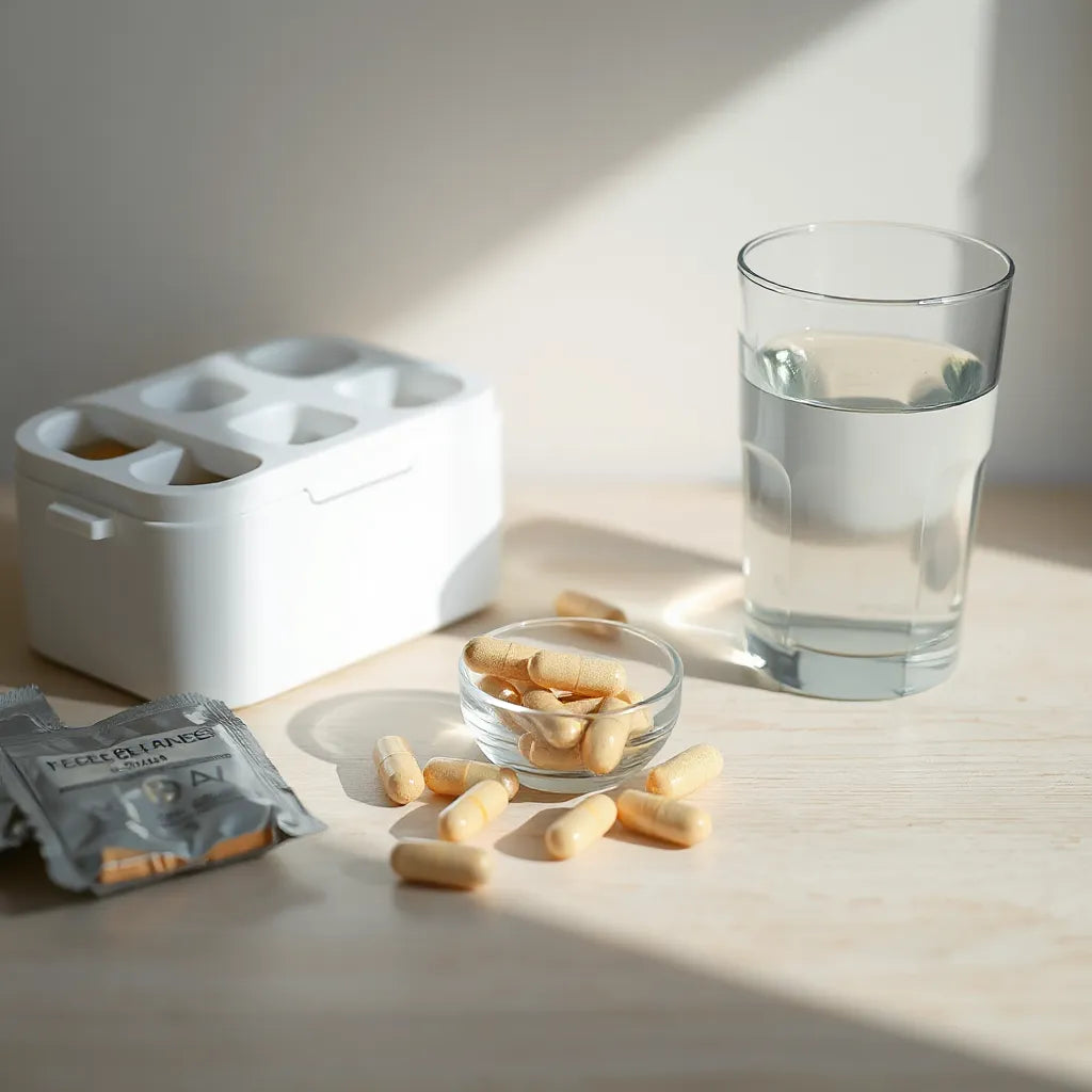Vegetarian capsules beside a minimalist pill organizer and glass of water on a light wood surface