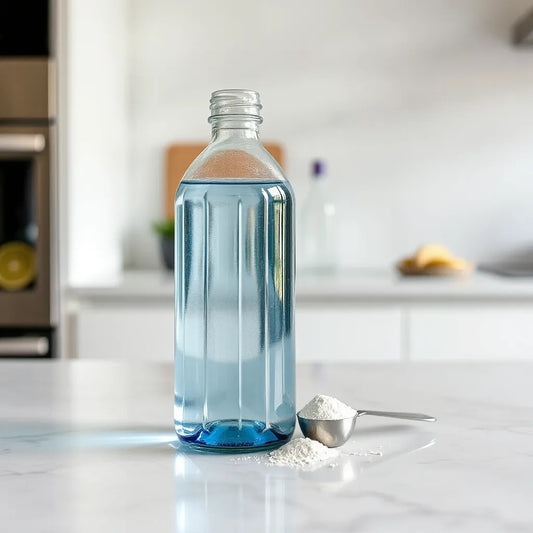 Glass water and electrolyte powder scoop on a kitchen counter in soft natural light