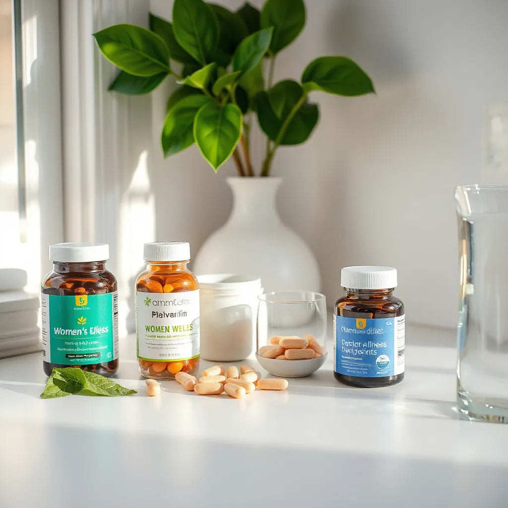 Assorted women’s wellness supplement bottles and capsules with water on a bright, uncluttered countertop