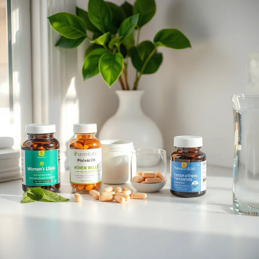 Assorted women’s wellness supplement bottles and capsules with water on a bright, uncluttered countertop