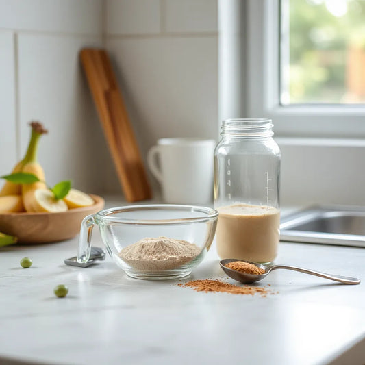 Vegan protein powder scoop and bowl beside a shaker bottle on a bright kitchen countertop with plant-based ingredients