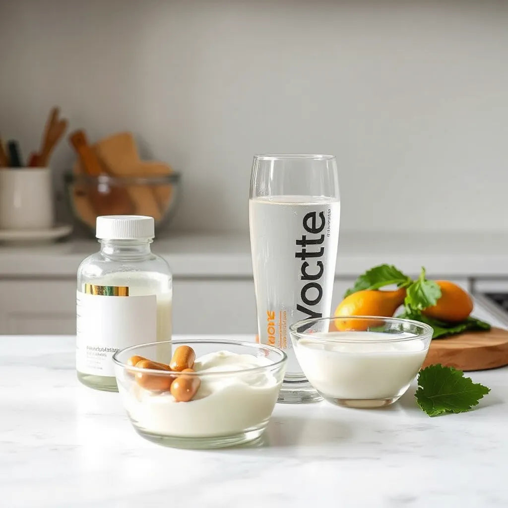 Daily probiotic capsule bottle with water and yogurt on a clean kitchen counter.