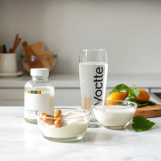 Daily probiotic capsule bottle with water and yogurt on a clean kitchen counter.
