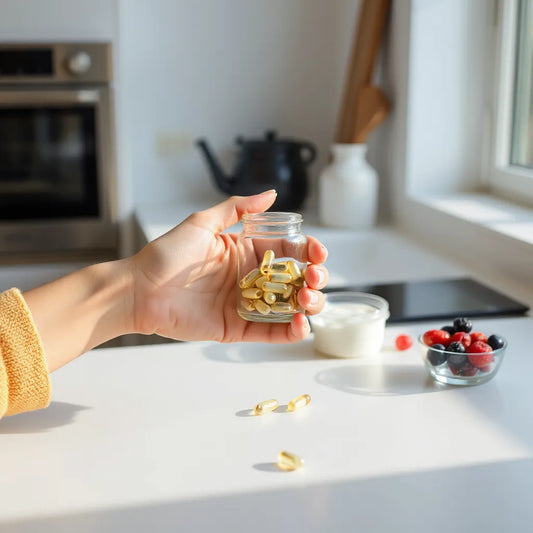 Woman holding a small jar of probiotic capsules with yogurt and berries on a clean kitchen counter
