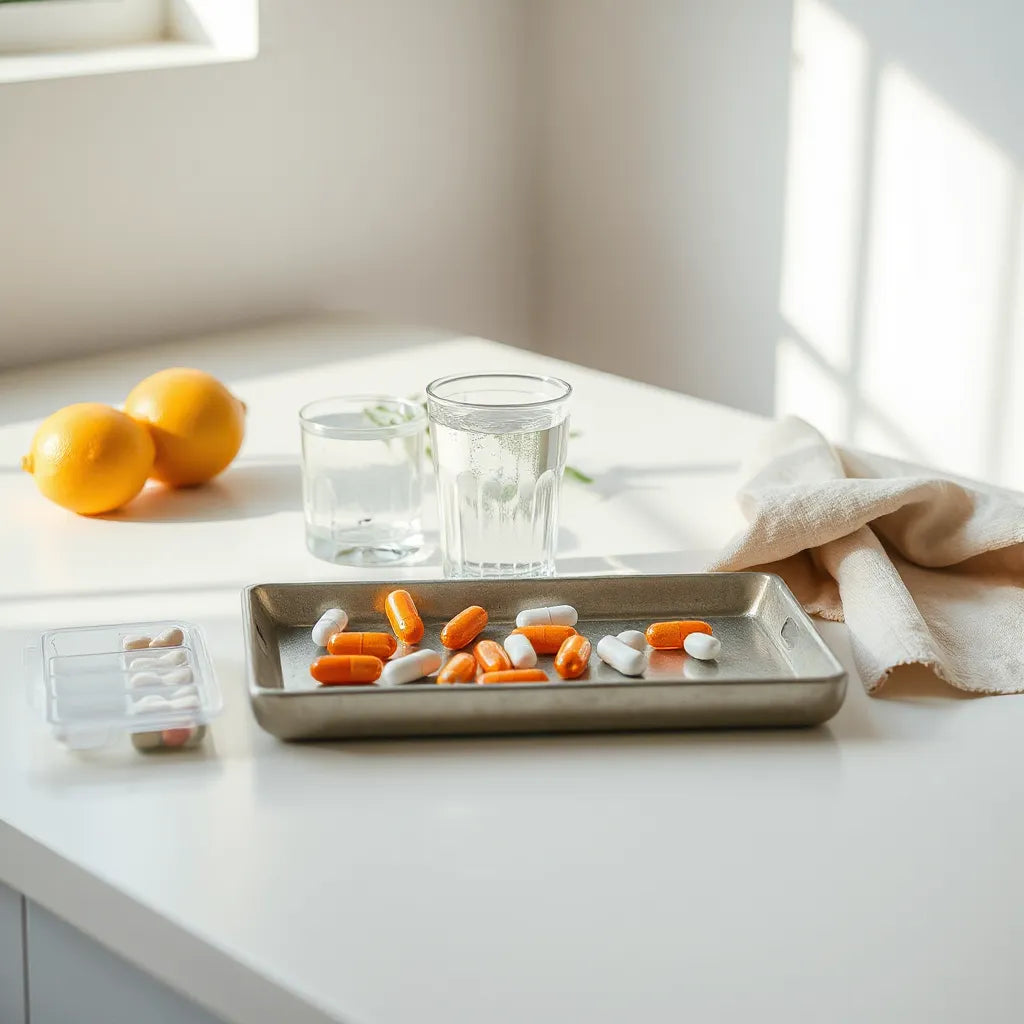 Multivitamin tablets and a glass of water on a kitchen counter beside a simple pill organizer