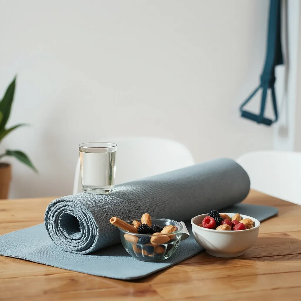 Relaxing post-workout setup with water, fresh food, and a rolled mat in natural light