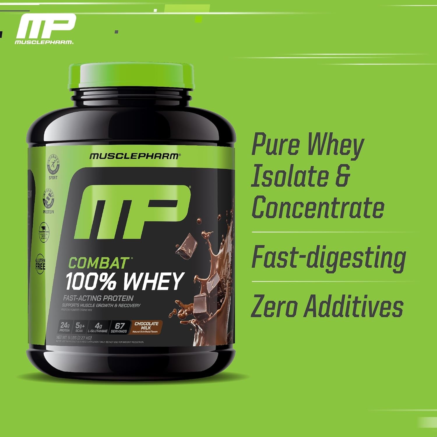 Combat 100% Whey Protein Powder, Chocolate Milk, Fast Recovery & Muscle Gain with Whey Isolate, High Protein Powder for Women & Men, Gluten Free, 5Lb, 67 Servings