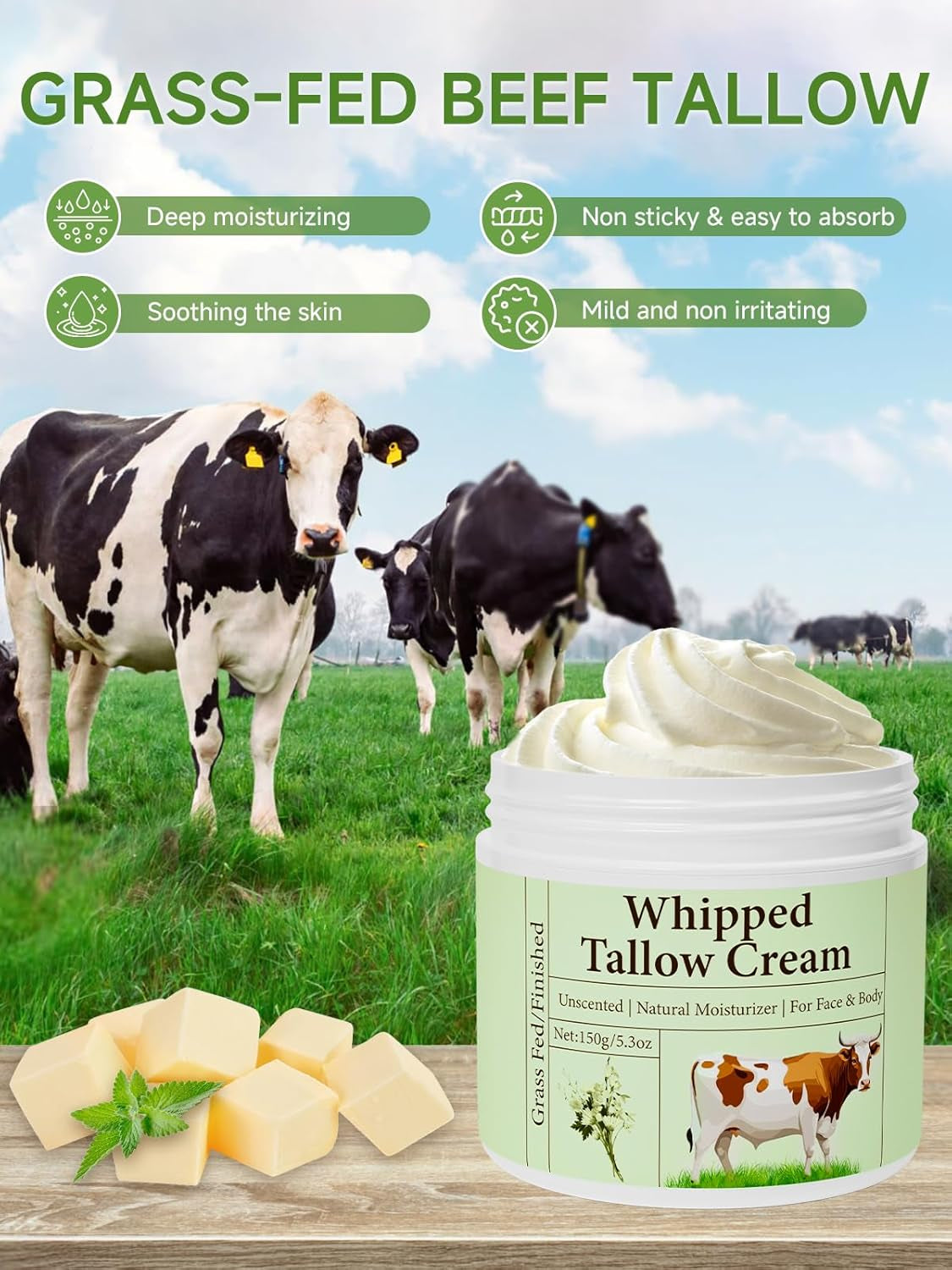 Beef Tallow for Skin, Beef Tallow, Grass Fed Beef Tallow, Whipped Beef Tallow for Face Moisturizer for All Purpose Tallow Balm, 2 Packs