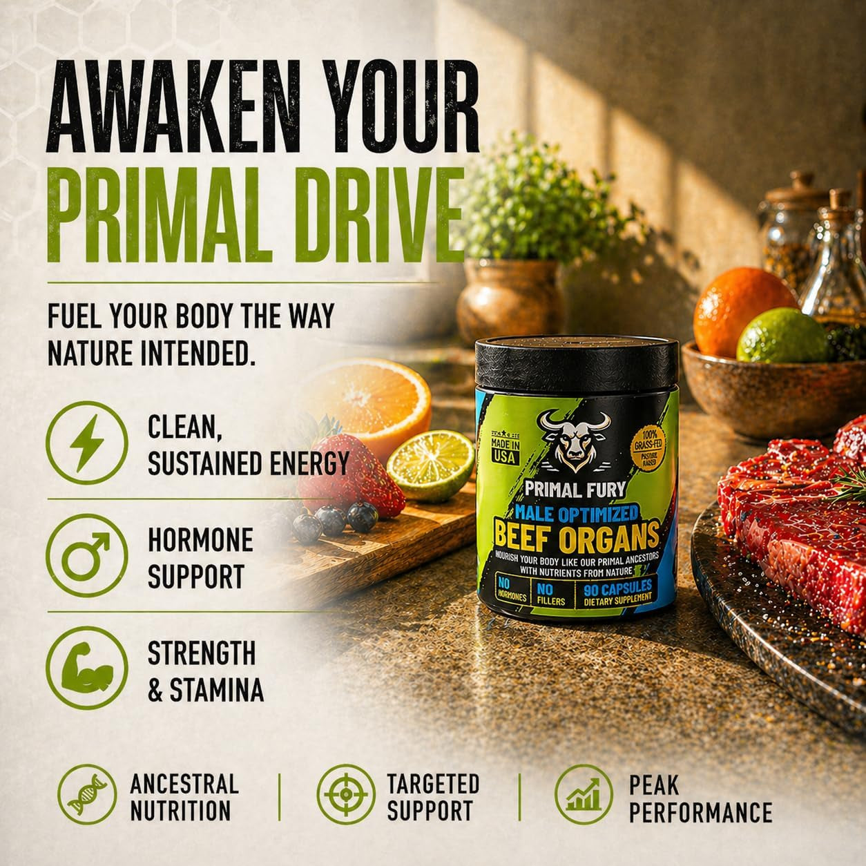 Grass Fed Beef Organ Supplement for Men - Male Optimization Pills - 6 Vital Beef Organs to Drive Prostate Health & Peak Performance, Made in USA, 90 Capsules