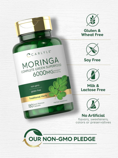 Moringa Oleifera Capsules 6000 Mg | 180 Count | Green Superfood | by Carlyle
