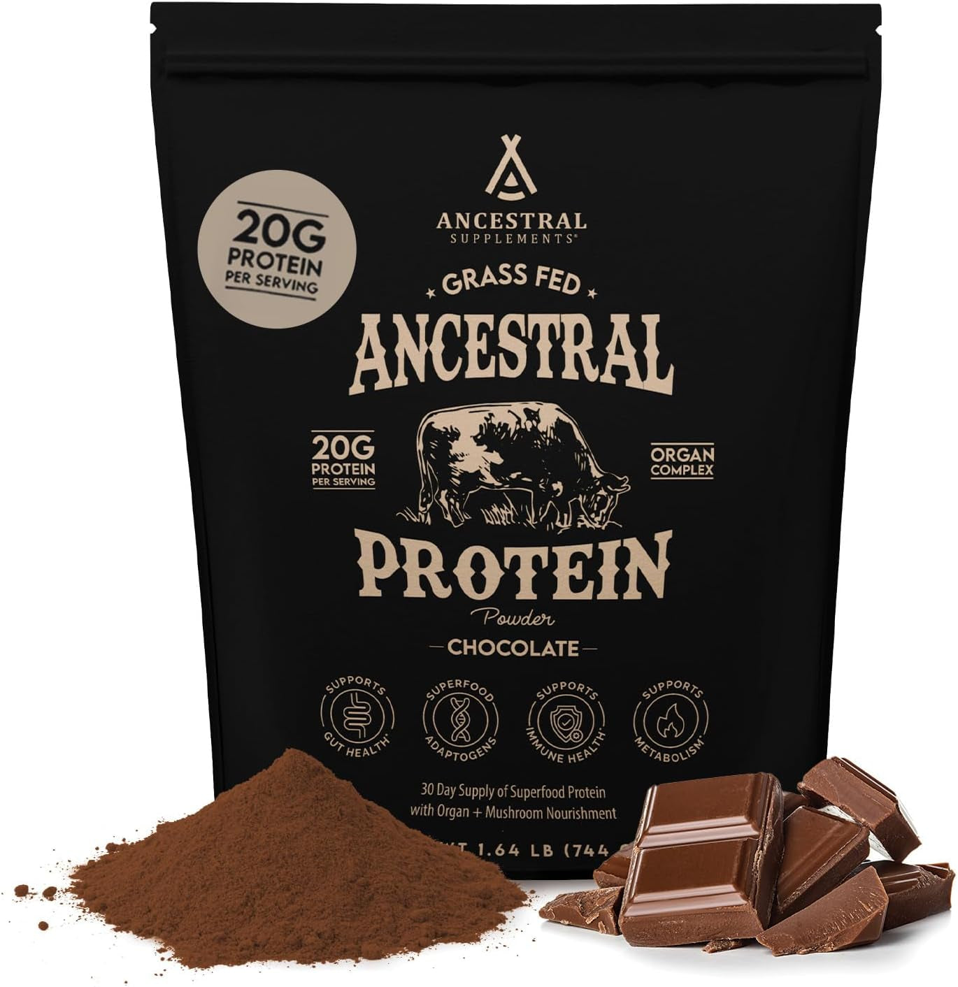 Grass Fed Protein Powder, Chocolate, Beef Bone Broth Based W/Beef Organs & Organic Mushrooms, Gut Health Support, High Protein Supplement, 20G Protein per Serving, 30 Day Supply