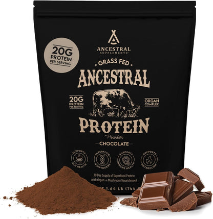 Grass Fed Protein Powder, Chocolate, Beef Bone Broth Based W/Beef Organs & Organic Mushrooms, Gut Health Support, High Protein Supplement, 20G Protein per Serving, 30 Day Supply