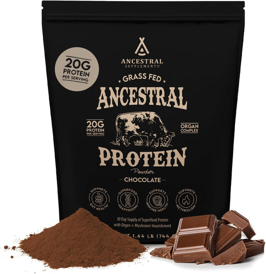 Grass Fed Protein Powder, Chocolate, Beef Bone Broth Based W/Beef Organs & Organic Mushrooms, Gut Health Support, High Protein Supplement, 20G Protein per Serving, 30 Day Supply