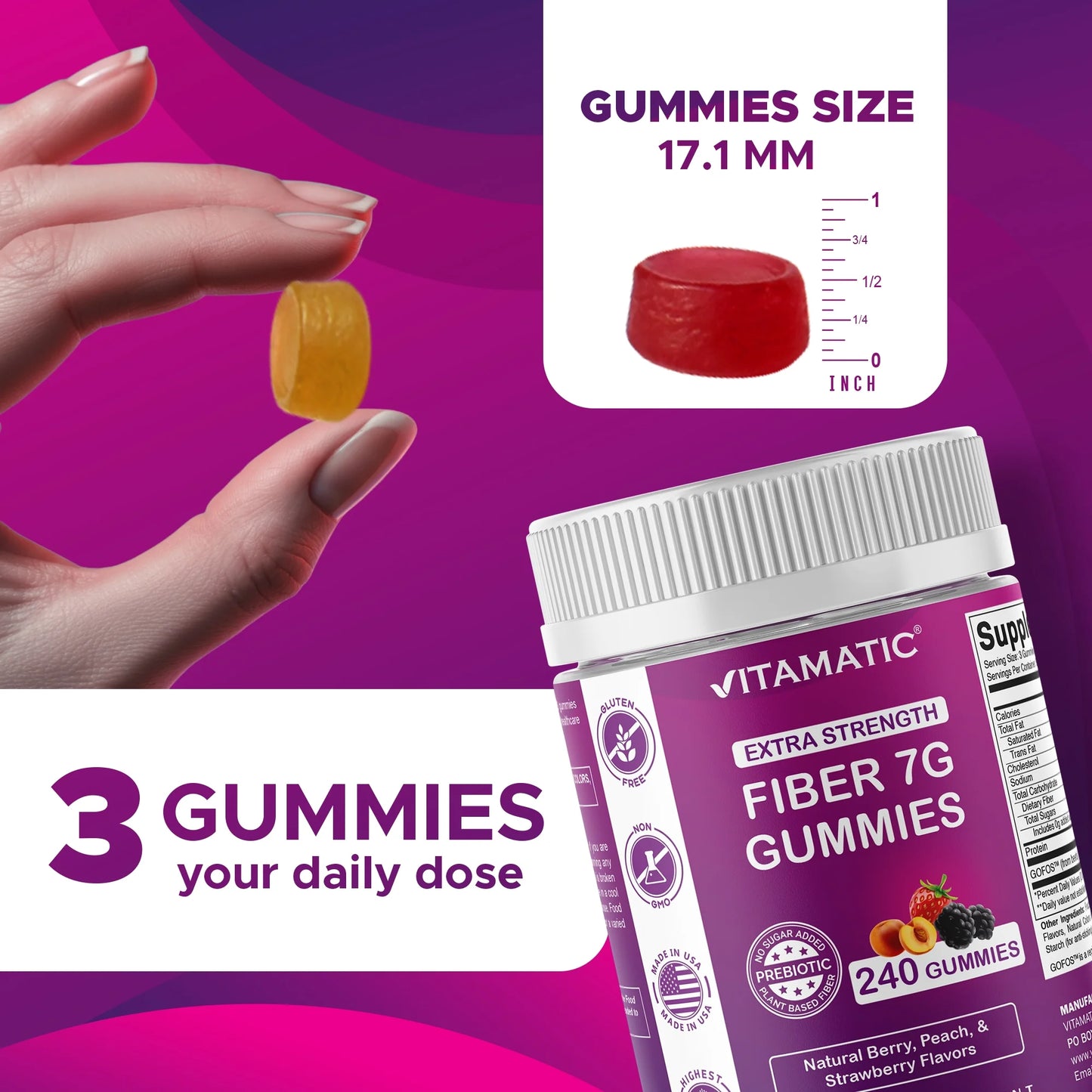 Prebiotic Fiber Gummies for Adults, 7G Extra Strength, Zero Sugar Added, 240 Pectin Based Gummies, Digestive Health & Regularity Support