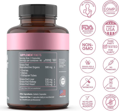 Beef Organ Supplement for Women | Supports Hormone Balance | Ovary, Uterus & Reproductive Nourishment + Liver, Kidney & Heart for Cycle Harmony, Mood Ease & Feminine Energy | 90 Day Supply