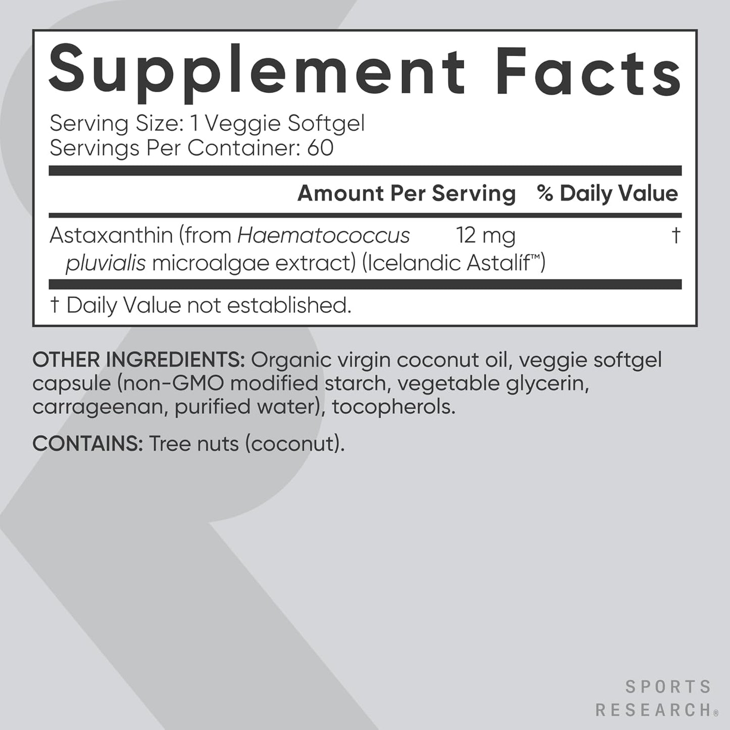 ® Vegan Astaxanthin 12Mg W/Organic Coconut Oil, 60 Count | Plant-Based Antioxidant Supplement for Skin & Eye Health Support - Soy-Free, Non-Gmo, Gluten-Free