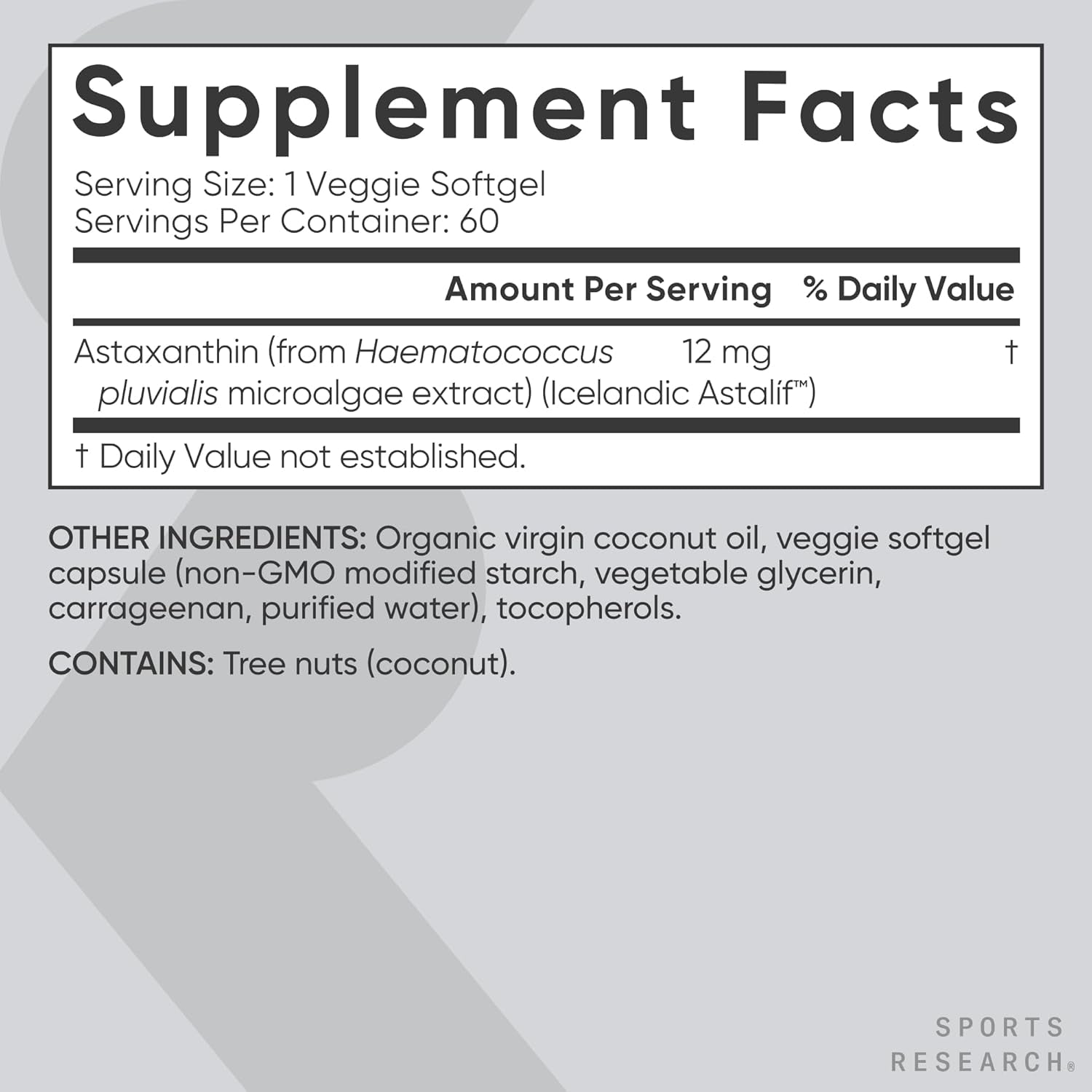 ® Vegan Astaxanthin 12Mg W/Organic Coconut Oil, 60 Count | Plant-Based Antioxidant Supplement for Skin & Eye Health Support - Soy-Free, Non-Gmo, Gluten-Free