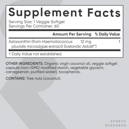 ® Vegan Astaxanthin 12Mg W/Organic Coconut Oil, 60 Count | Plant-Based Antioxidant Supplement for Skin & Eye Health Support - Soy-Free, Non-Gmo, Gluten-Free