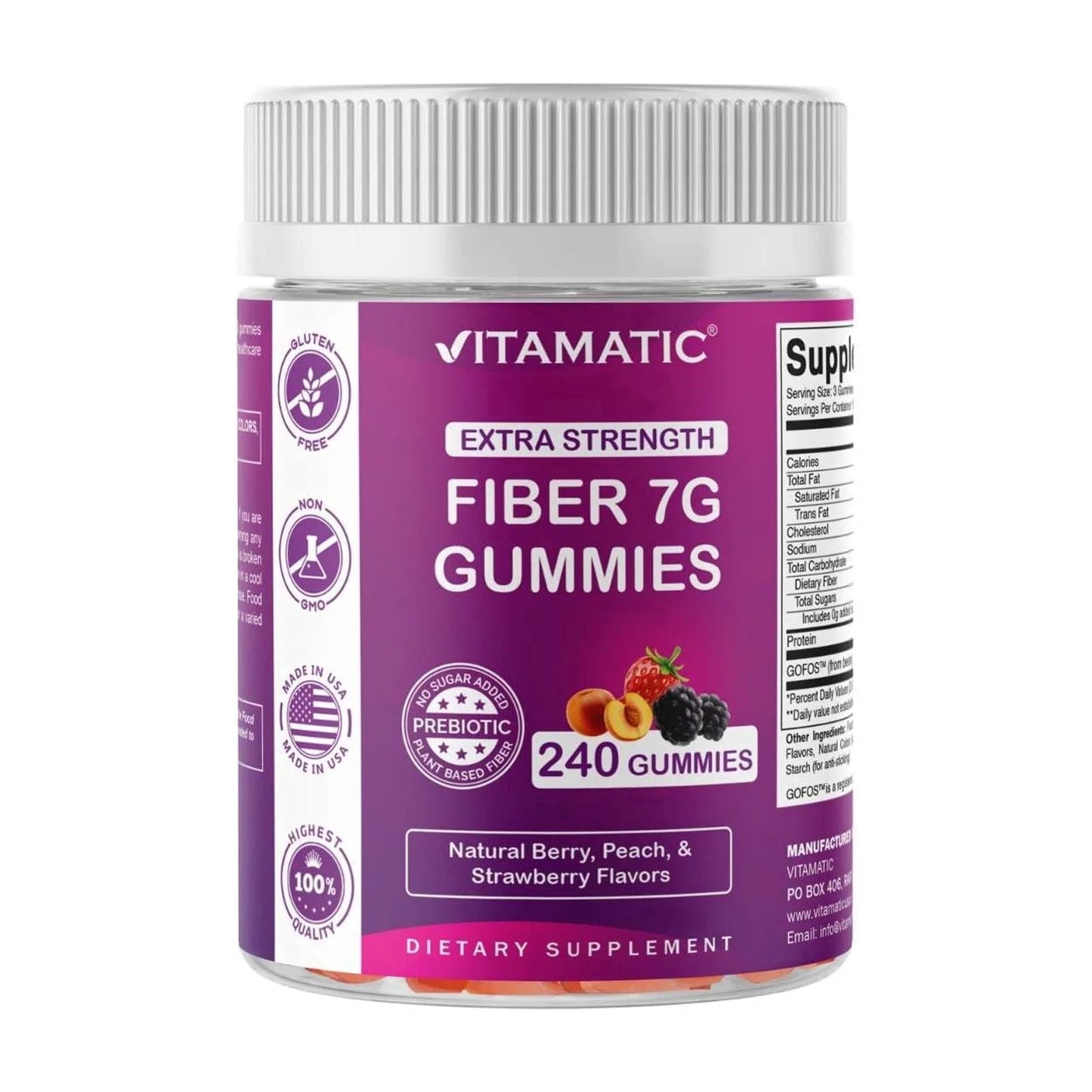 Prebiotic Fiber Gummies for Adults, 7G Extra Strength, Zero Sugar Added, 240 Pectin Based Gummies, Digestive Health & Regularity Support