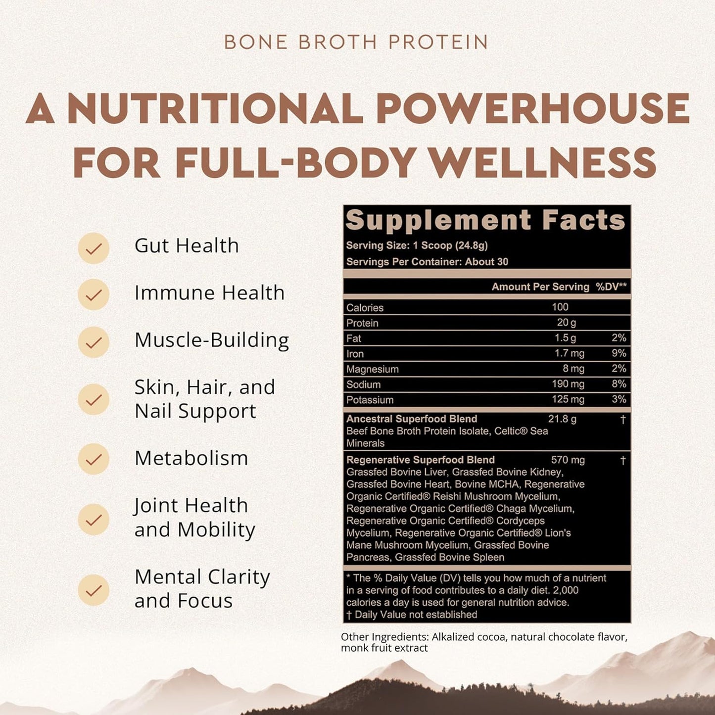 Grass Fed Protein Powder, Chocolate, Beef Bone Broth Based W/Beef Organs & Organic Mushrooms, Gut Health Support, High Protein Supplement, 20G Protein per Serving, 30 Day Supply