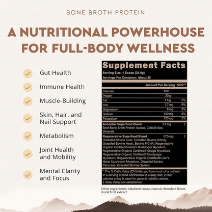 Grass Fed Protein Powder, Chocolate, Beef Bone Broth Based W/Beef Organs & Organic Mushrooms, Gut Health Support, High Protein Supplement, 20G Protein per Serving, 30 Day Supply