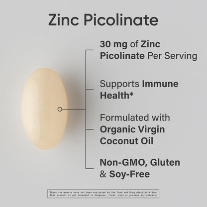 High Potency Zinc Picolinate 30Mg with Organic Coconut Oil | Highly Absorbable Zinc Supplement for Healthy Immune & Enzyme Function - Non-Gmo Tested & Gluten-Free (180 Liquid Softgels)