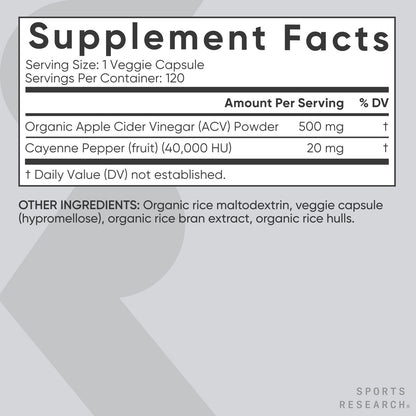 Apple Cider Vinegar 500Mg + Organic Cayenne Pepper ACV Supplement Non-Gmo 120 Ct