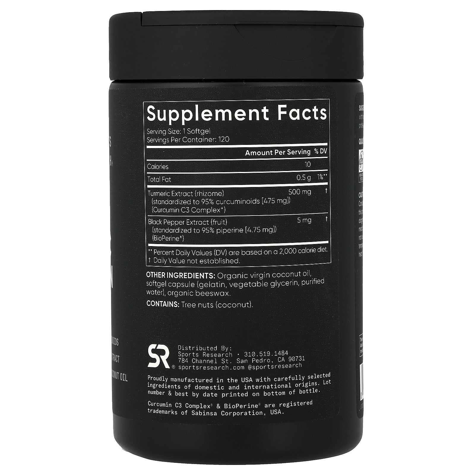 Sports Research Turmeric Curcumin C3 Complex 500 Mg 120 Softgels Dairy-Free,
