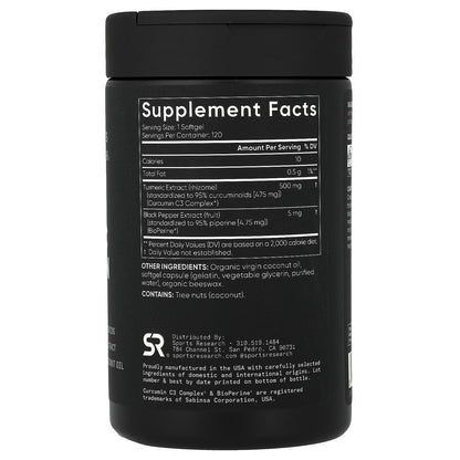 Sports Research Turmeric Curcumin C3 Complex 500 Mg 120 Softgels Dairy-Free,