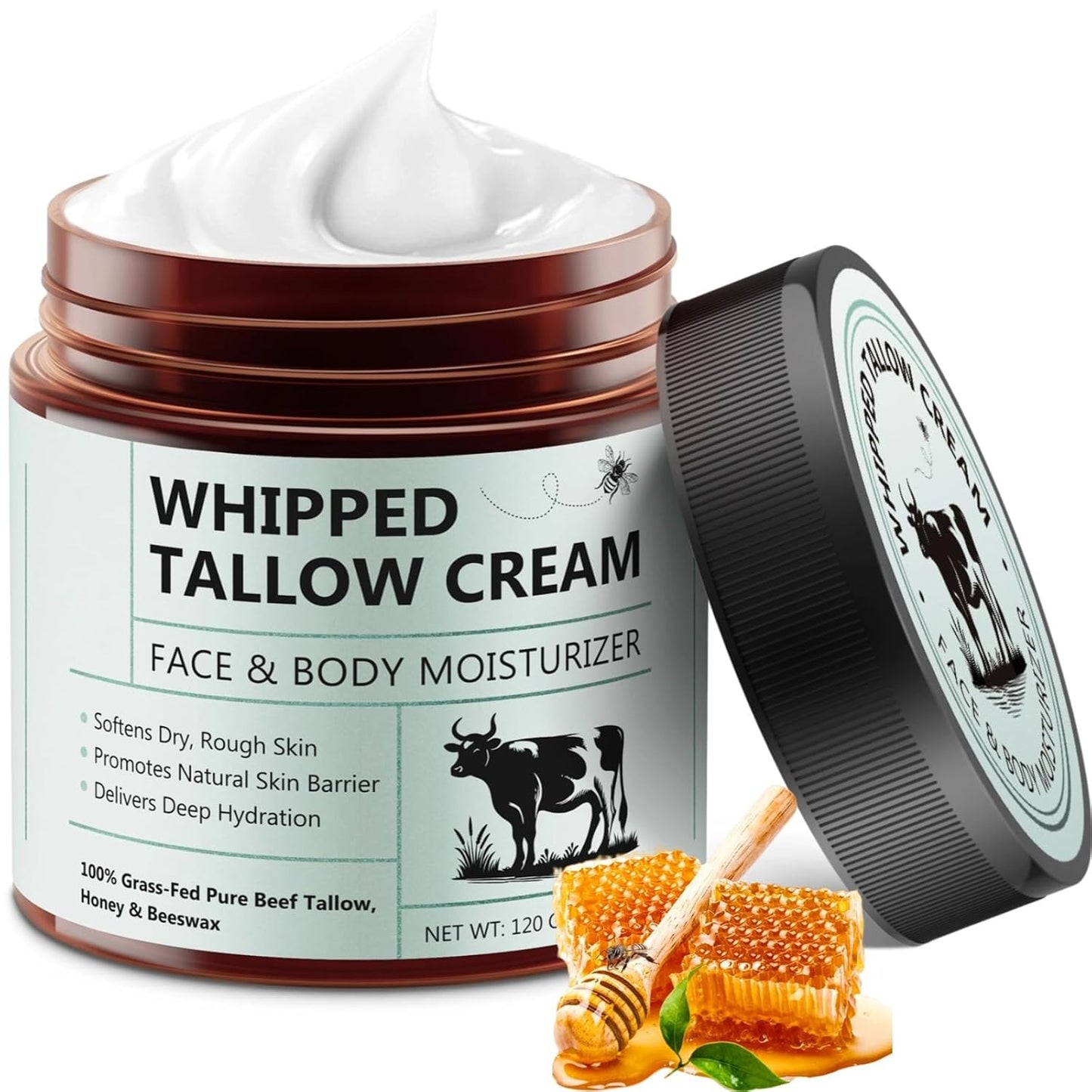 Beef Tallow for Skin, Beef Tallow Moisturizer, 4.2 Oz Organic Whipped Grass Fed Beef Tallow with Honey Cream for Face & Body, Unscented