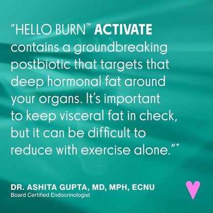 Hello Burn Activate | Support Visceral Fat Burn with BPL1® HT Postbiotic | Supports Healthy Waist Circumference, Longevity and Metabolic Wellness | 30 Count