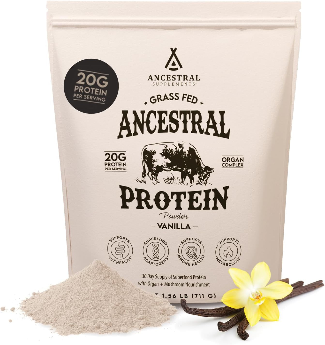 Grass Fed Protein Powder, Vanilla, Beef Bone Broth Based with Beef Organs & Organic Mushrooms, Gut Health Support, High Protein Supplement, 20G Protein per Serving, 30 Day Supply