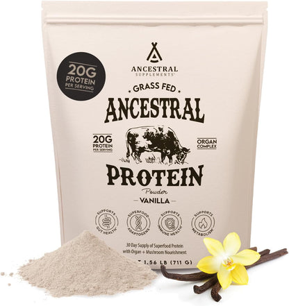 Grass Fed Protein Powder, Vanilla, Beef Bone Broth Based with Beef Organs & Organic Mushrooms, Gut Health Support, High Protein Supplement, 20G Protein per Serving, 30 Day Supply