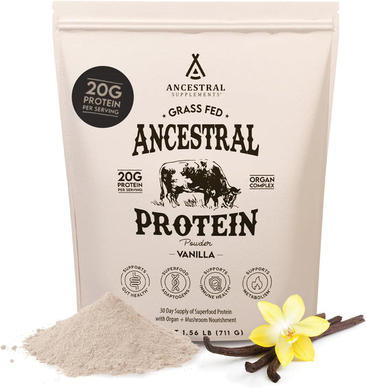 Grass Fed Protein Powder, Vanilla, Beef Bone Broth Based with Beef Organs & Organic Mushrooms, Gut Health Support, High Protein Supplement, 20G Protein per Serving, 30 Day Supply