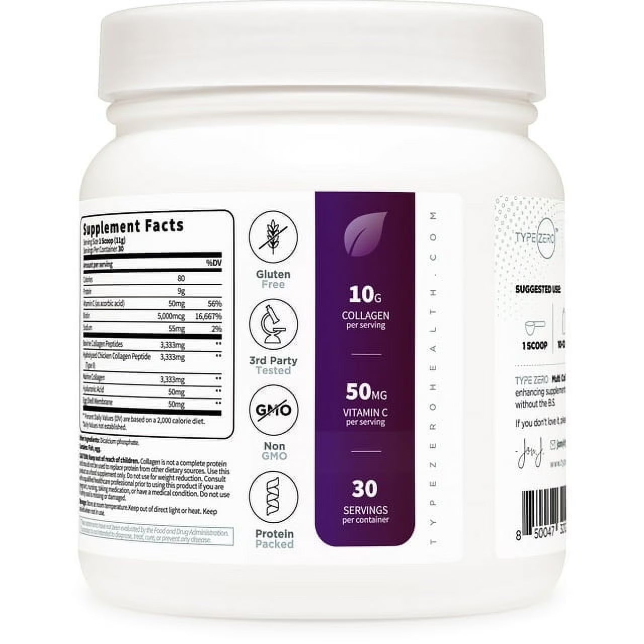 Type Zero Multi Collagen Powder 30 Servings - Types I, II, III, V, & X Collagen Peptides + Hyaluronic Acid, Vit C, Biotin