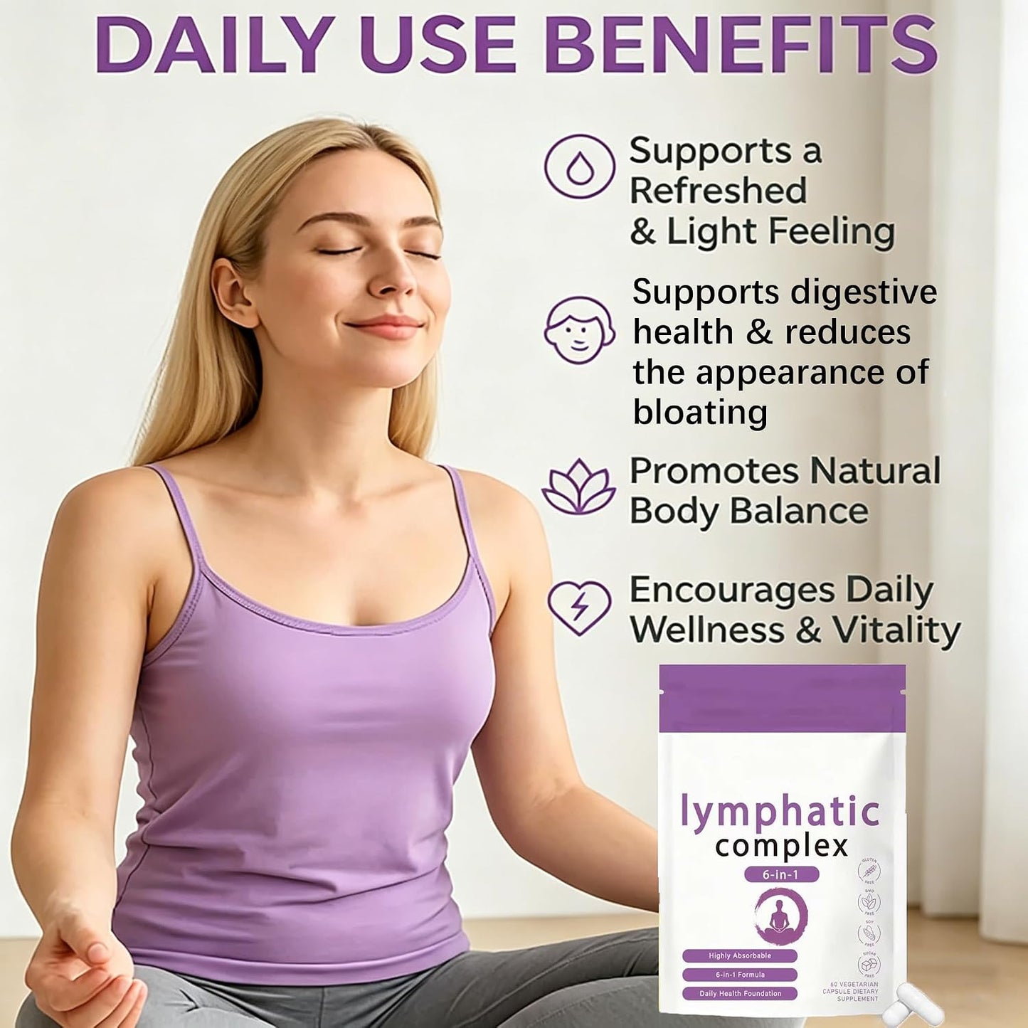 Lymphatic Complex 6-In-1 Capsules with Burdock, Dandelion & Kelp, Supports Digestion & Skin Vitality, Vegan, Non-Gmo, Gluten-Free, 90 Veggie Caps