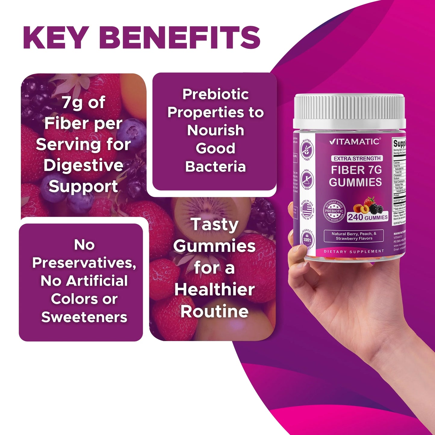Prebiotic Fiber Gummies for Adults, 7G Extra Strength, Zero Sugar Added, 240 Pectin Based Gummies, Digestive Health & Regularity Support