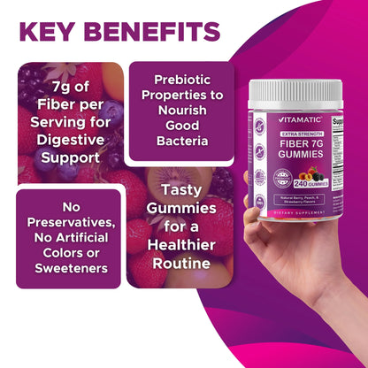 Prebiotic Fiber Gummies for Adults, 7G Extra Strength, Zero Sugar Added, 240 Pectin Based Gummies, Digestive Health & Regularity Support
