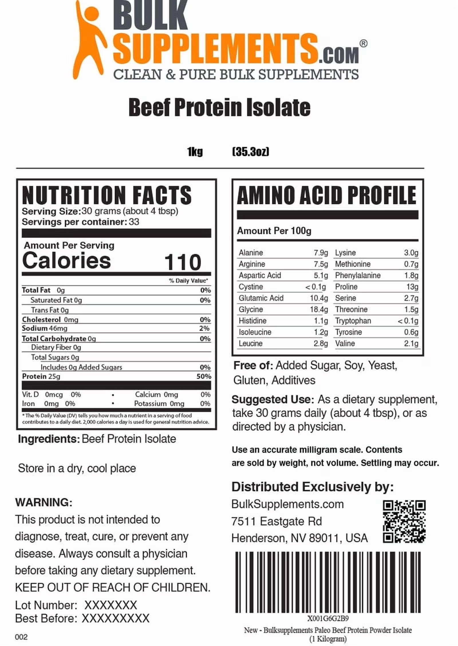 Bulksupplements Beef Protein Isolate Powder - Beef Protein Powder, Dairy Free & Lactose Free - 30G per Serving, 1Kg (2.2 Lbs)