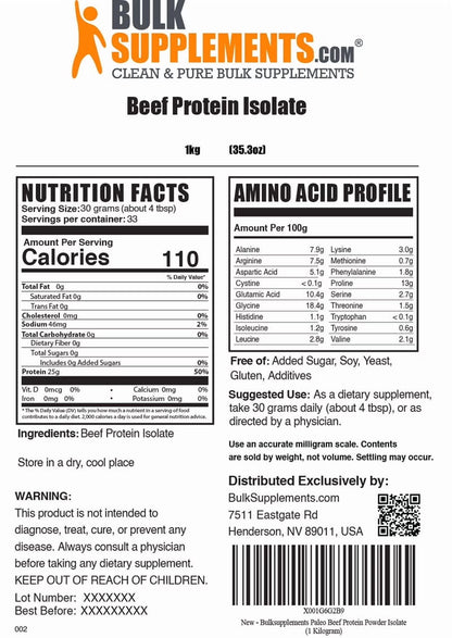 Bulksupplements Beef Protein Isolate Powder - Beef Protein Powder, Dairy Free & Lactose Free - 30G per Serving, 1Kg (2.2 Lbs)