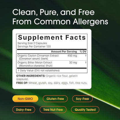 Organic Ceylon Cinnamon with Bitter Melon Extract - 240 Capsules - Herbal Wellness & Daily Wellness Support Complex - Triple Strength - Non-Gmo - 3Rd Party Tested
