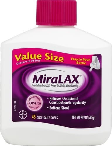 MiraLAX Polvo laxante, Alivio suave del estreñimiento para adultos, Ablandador de heces con PEG 3350, Laxante no estimulante, Sin efectos secundarios fuertes, Laxante osmótico, 7 dosis