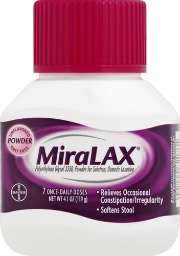 MiraLAX Polvo laxante, Alivio suave del estreñimiento para adultos, Ablandador de heces con PEG 3350, Laxante no estimulante, Sin efectos secundarios fuertes, Laxante osmótico, 7 dosis