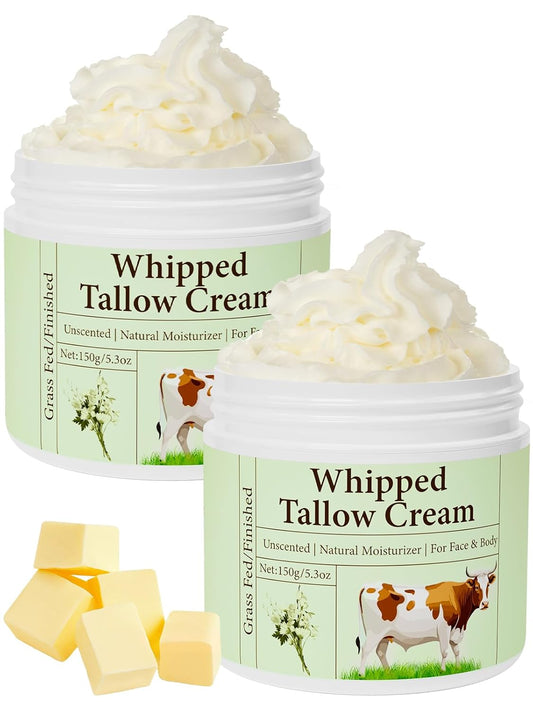 Beef Tallow for Skin, Beef Tallow, Grass Fed Beef Tallow, Whipped Beef Tallow for Face Moisturizer for All Purpose Tallow Balm, 2 Packs